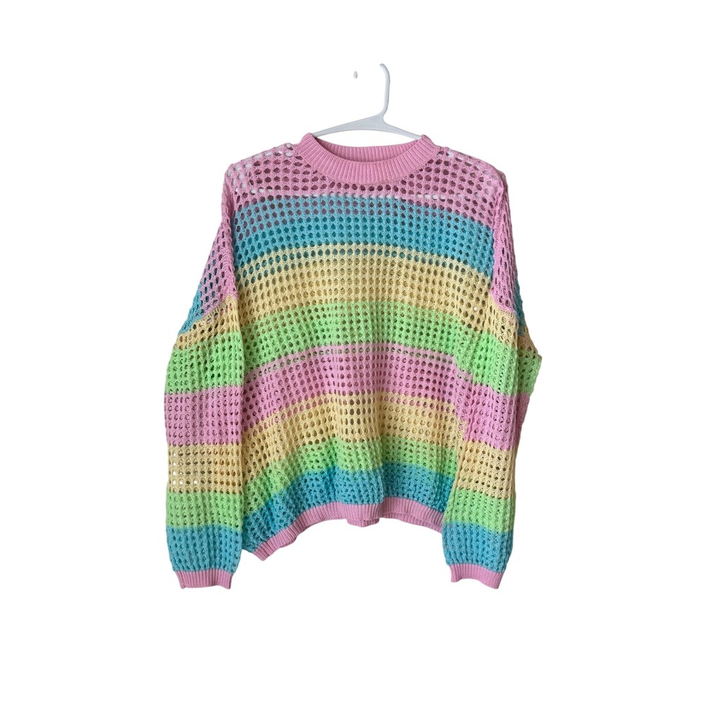 Pink Lily Pastel Rainbow Striped Open Knit Crochet Sweater PL3424B Medium